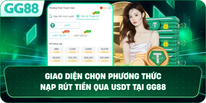 Giao diện chọn phương thức nạp rút tiền qua USDT tại GG88.