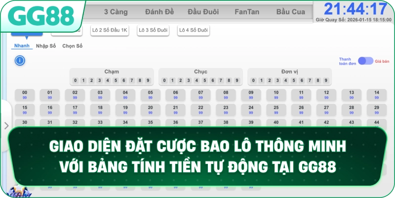 Giao diện đặt cược bao lô thông minh với bảng tính tiền tự động tại GG88.